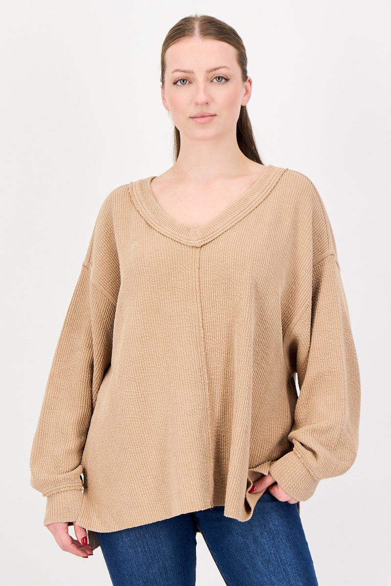 Aerie Women V-Neck Knitted Sweater, Tan - Image 1